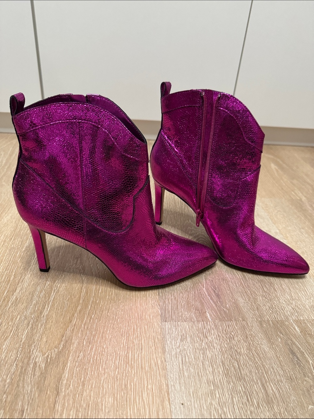 Gianna Bini Metallic Fuchsia Pointed-Toe Stiletto Ankle Boots - Women